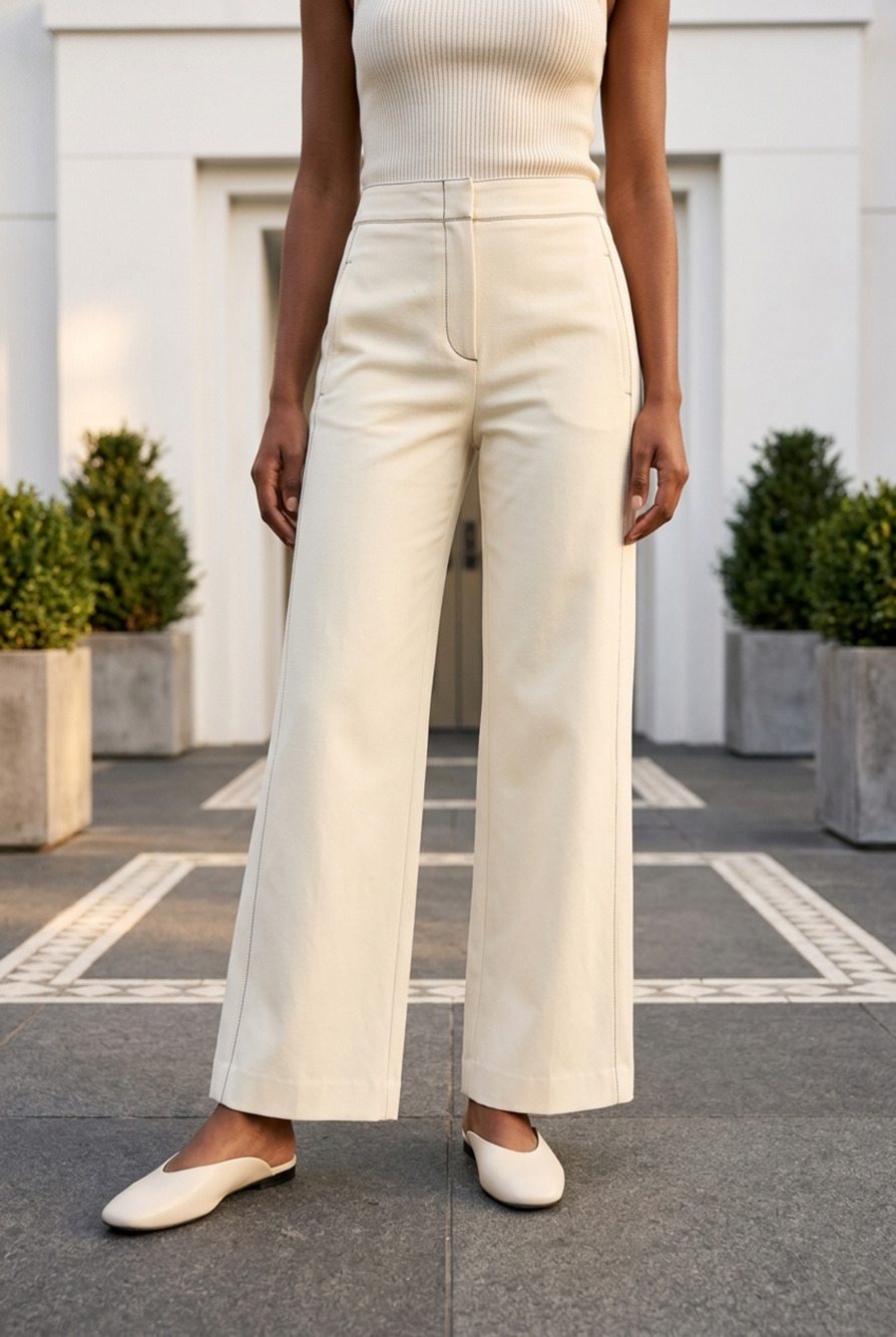 BCBGMAXAZRIA Women's Cream Wide-Leg Trousers with Contrast Stitching